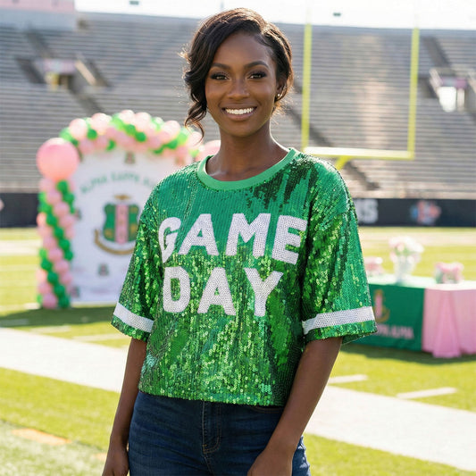 Jersey AKA Green White Sequin GAME DAY Crop Top