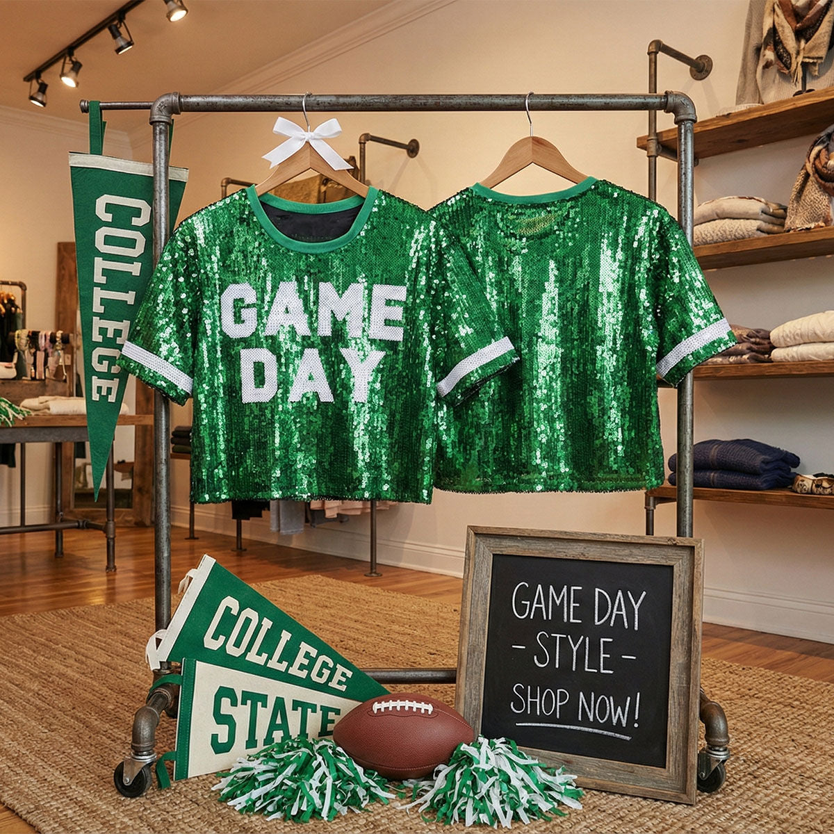 Jersey AKA Green White Sequin GAME DAY Crop Top