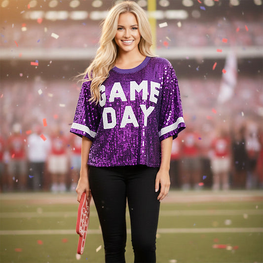 Jersey Purple Yellow Sequin GAME DAY Crop Top
