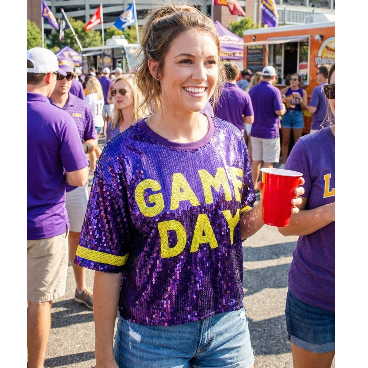 Jersey Purple Yellow Sequin GAME DAY Crop Top