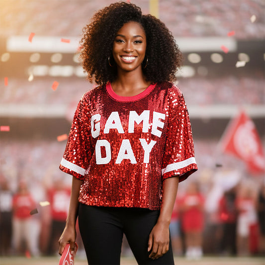 Jersey DST Red White Sequin GAME DAY Crop Top