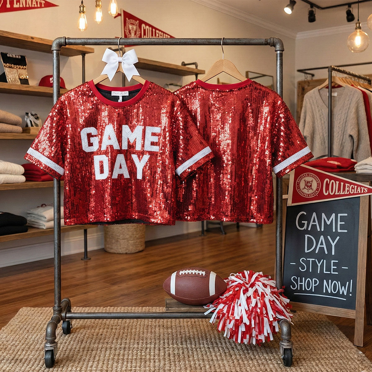 Jersey DST Red White Sequin GAME DAY Crop Top