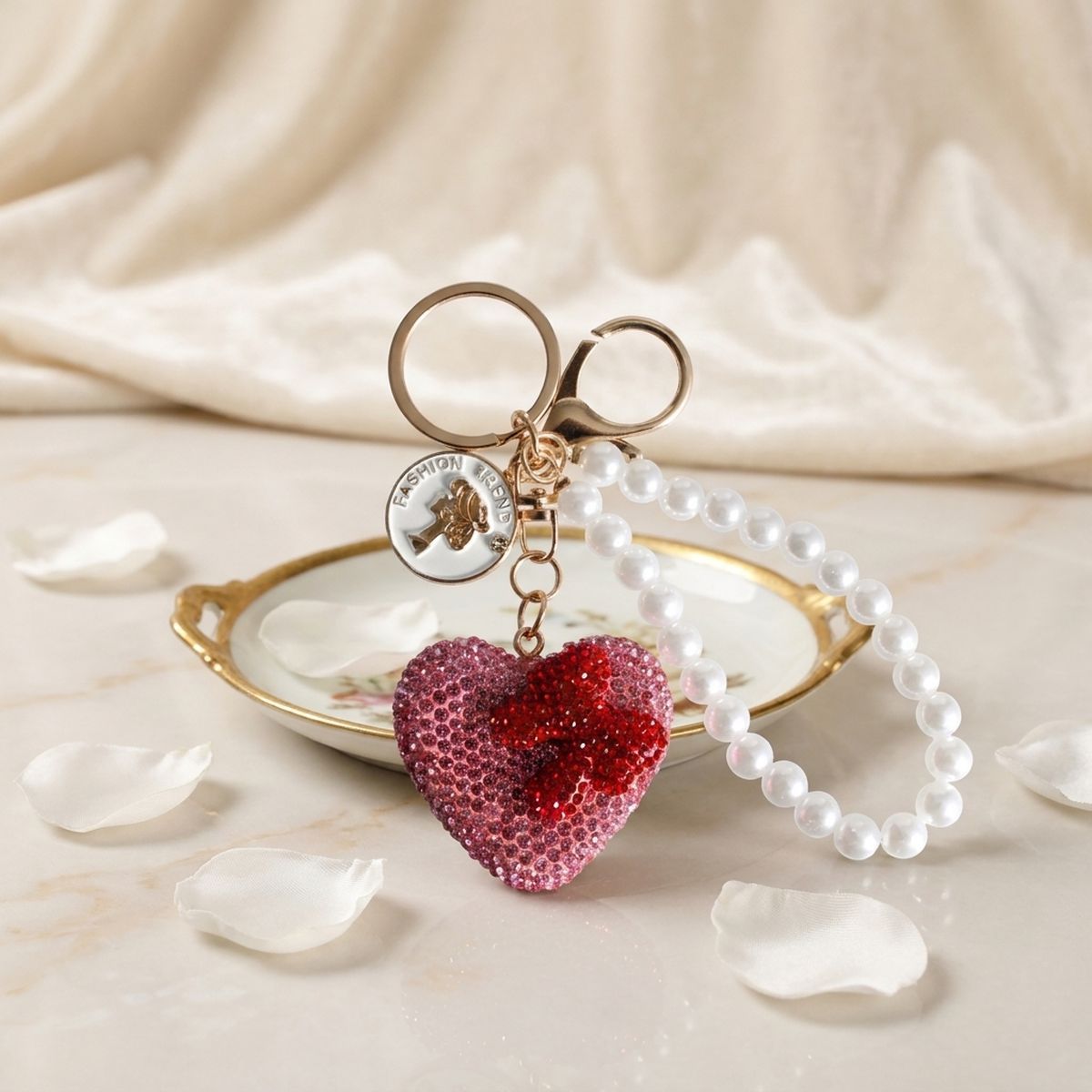 Pink Stone Encrusted Heart Pearl Keychain Clip