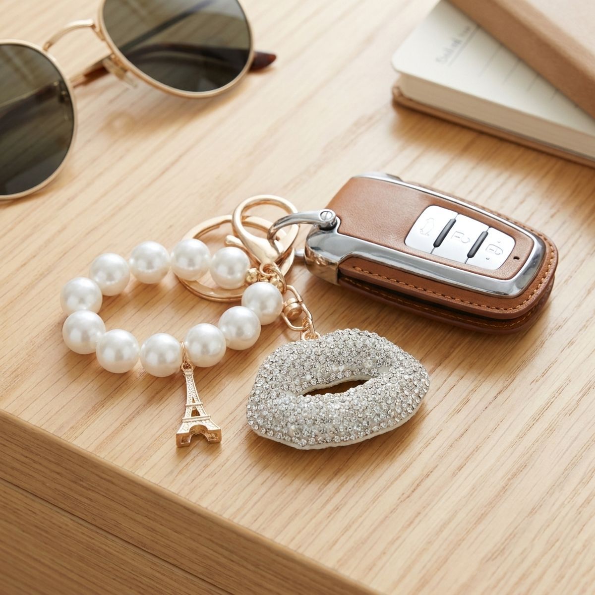 Clear Stone Encrusted Lips Parisian Pearl Keychain