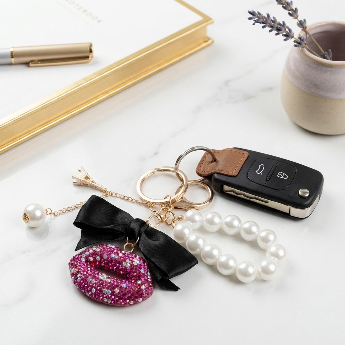 Fuchsia Stone Encrusted Lips Parisian Pearl Keychain