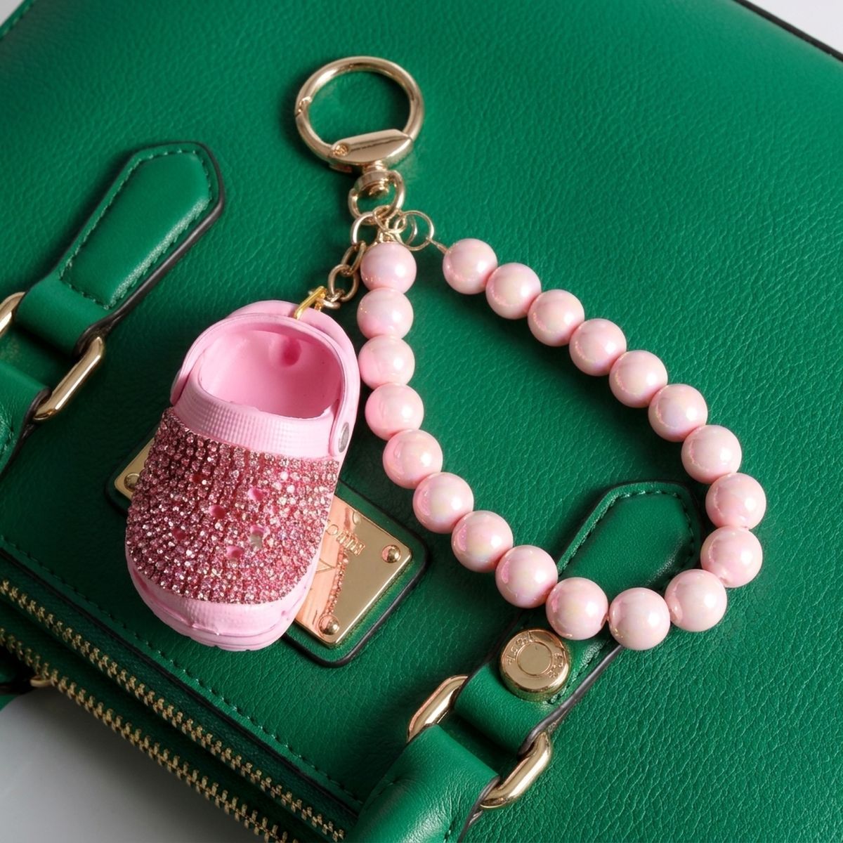 Pink Stone Encrusted Croc Pearl Keychain Clip