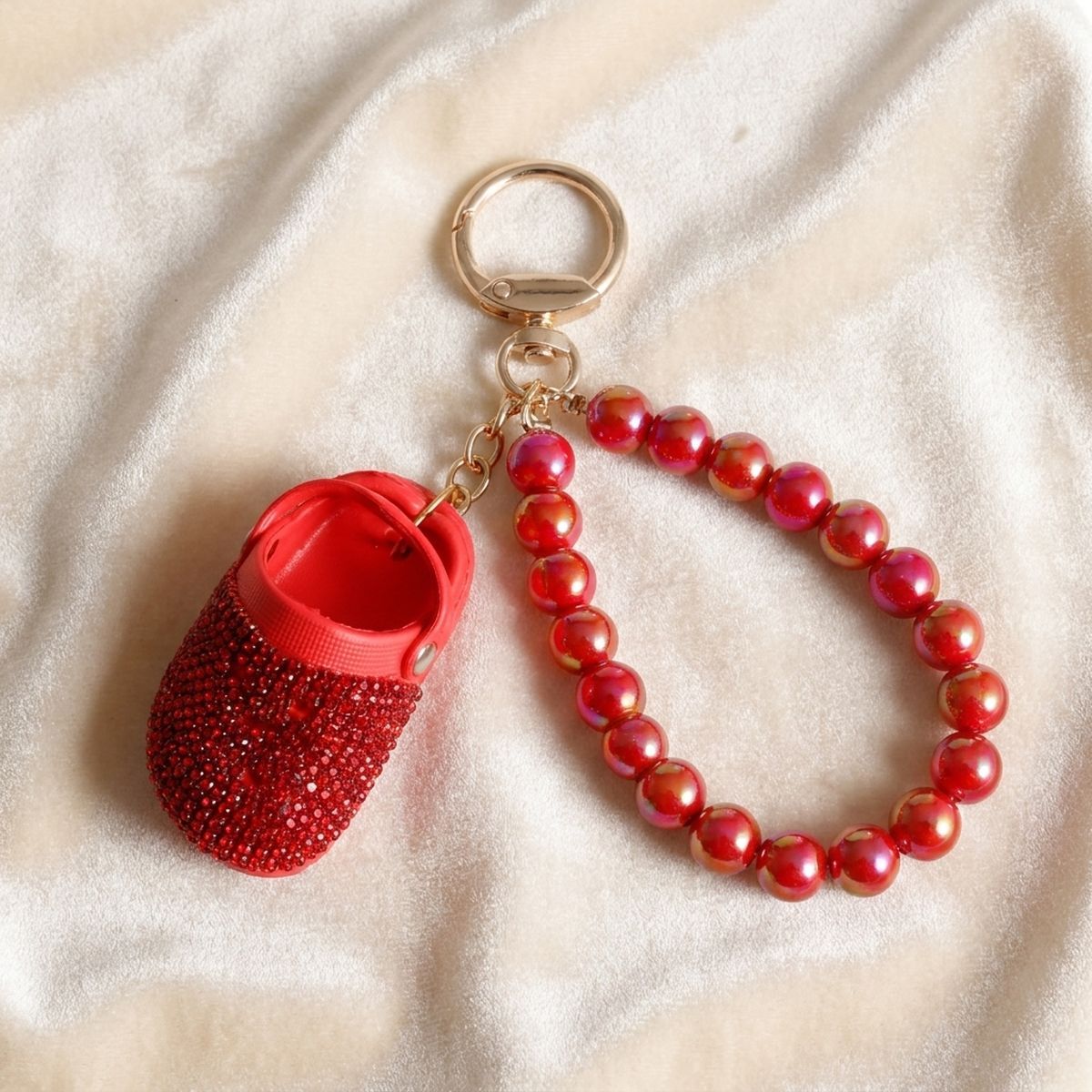 Red Stone Encrusted Croc Pearl Keychain Clip