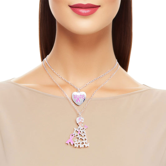 Breast Cancer Silver Chain 2 Pcs Pink Ribbon Pendants