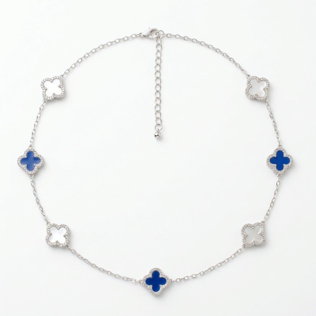 ZPB Royal Blue White Quatrefoil Clover Necklace