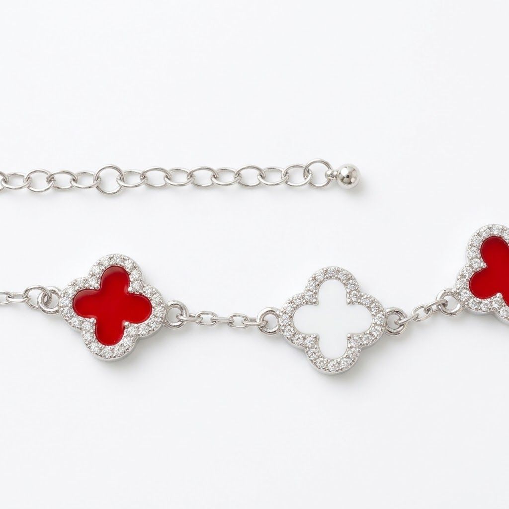 DST Red and White Quatrefoil Clover Necklace