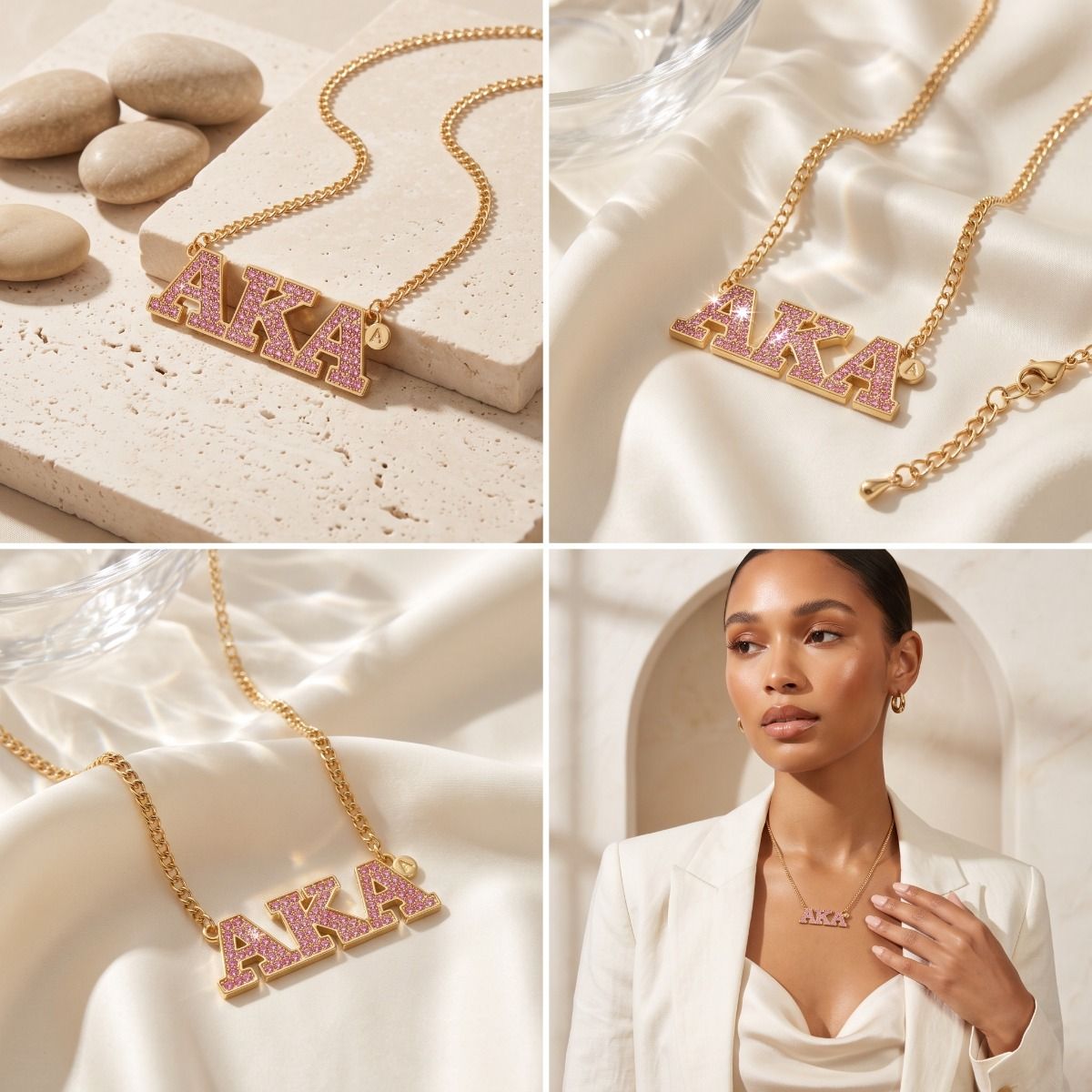 AKA Gold Pink Rhinestone Greek Letter Necklace
