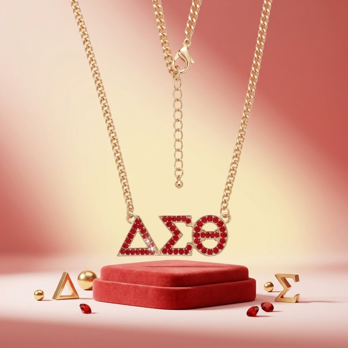 DST Gold Red Rhinestone Greek Letter Necklace