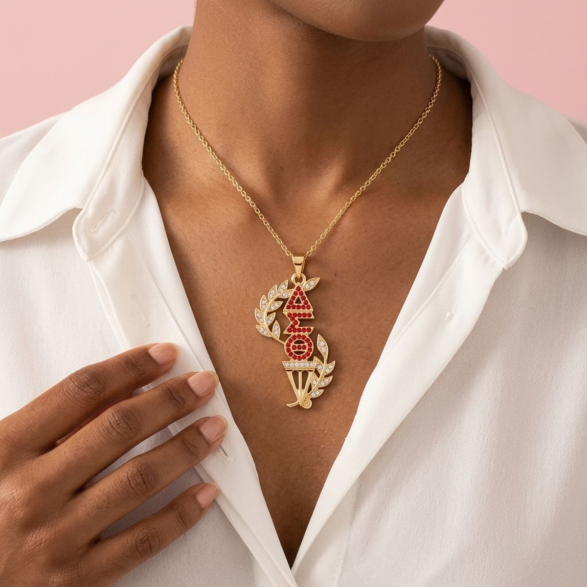 DST Gold Red Rhinestone Laurel Leaf Necklace
