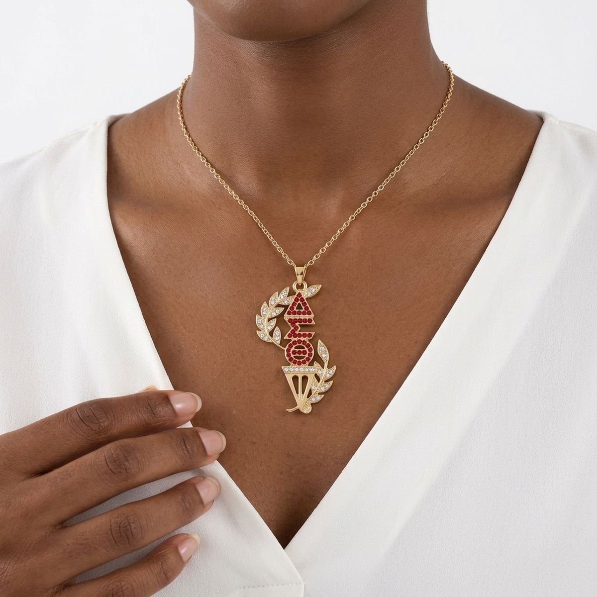 DST Gold Red Rhinestone Laurel Leaf Necklace
