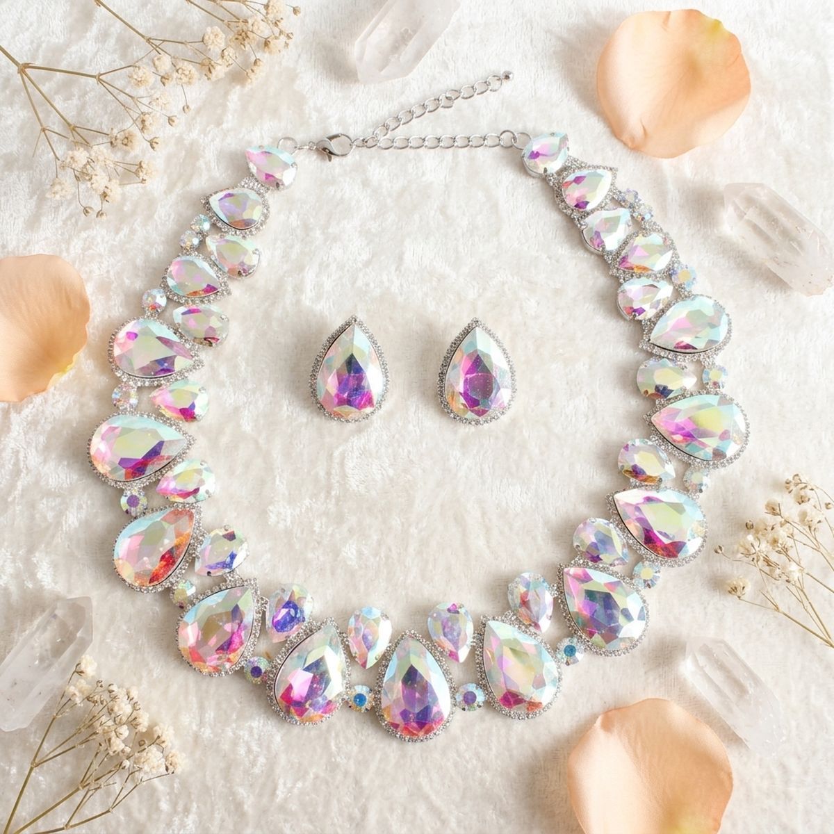 Silver Aurbo Glass Teardrop Crystal Collar Necklace