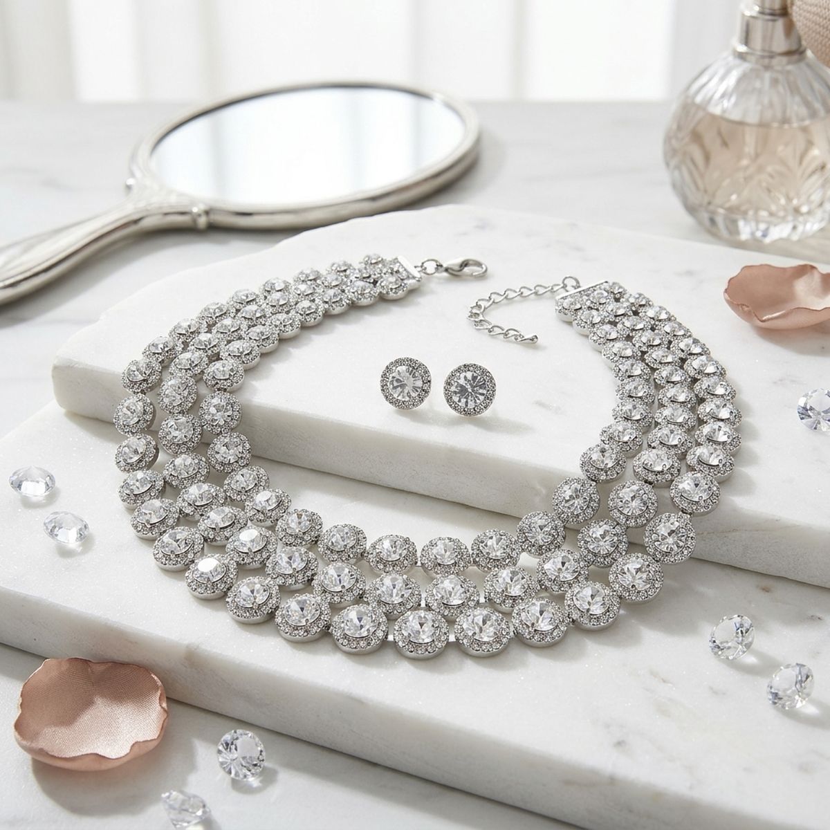 Silver Glass Halo Crystal 3 Row Collar Necklace
