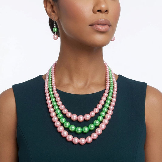 Pearl Necklace Pink Green 3 Strand