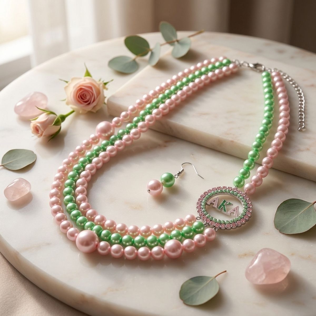AKA Sorority Pink Green Pearl Long Brooch Necklace