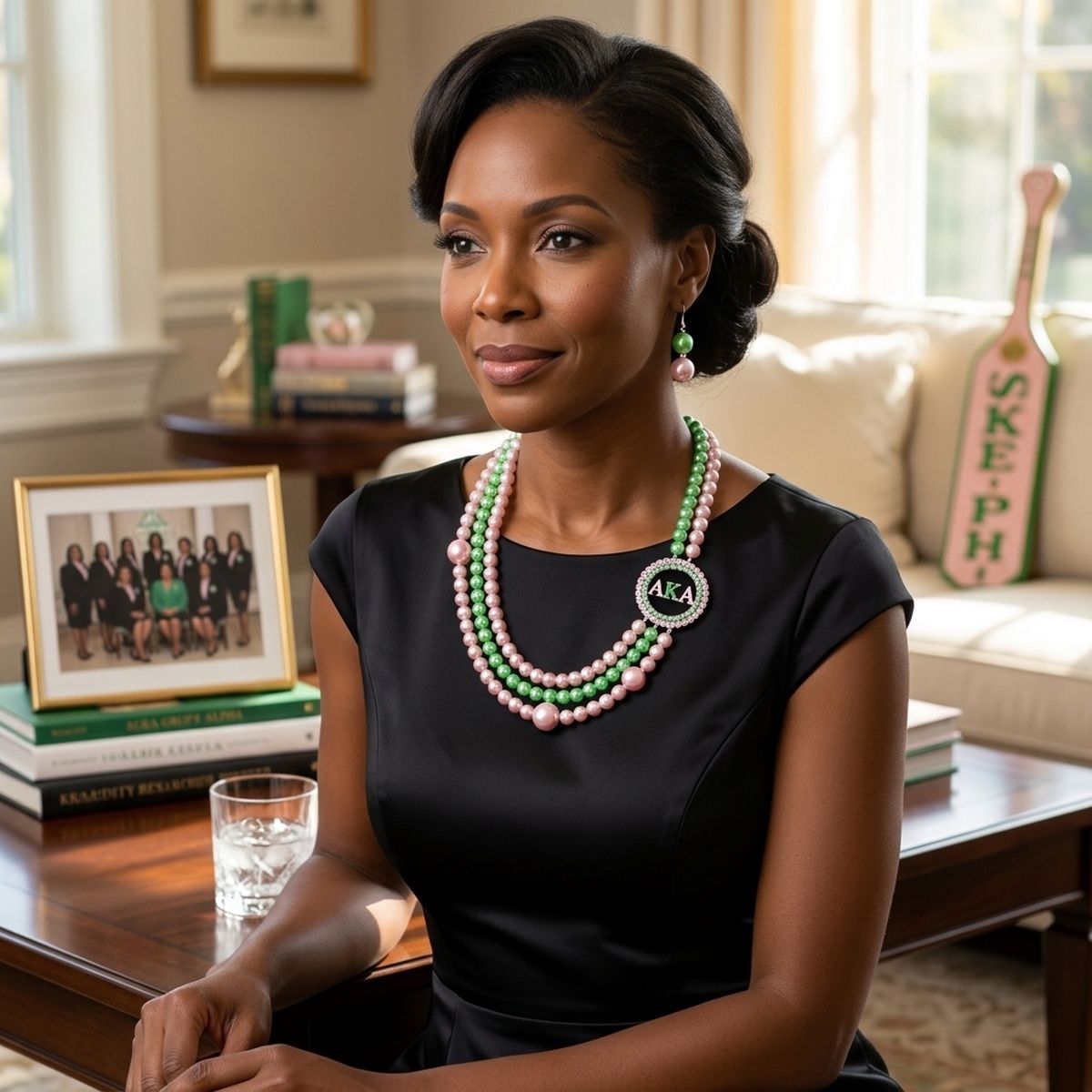 AKA Sorority Pink Green Pearl Long Brooch Necklace