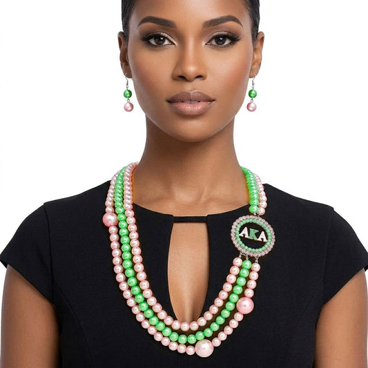 AKA Sorority Pink Green Pearl Long Brooch Necklace
