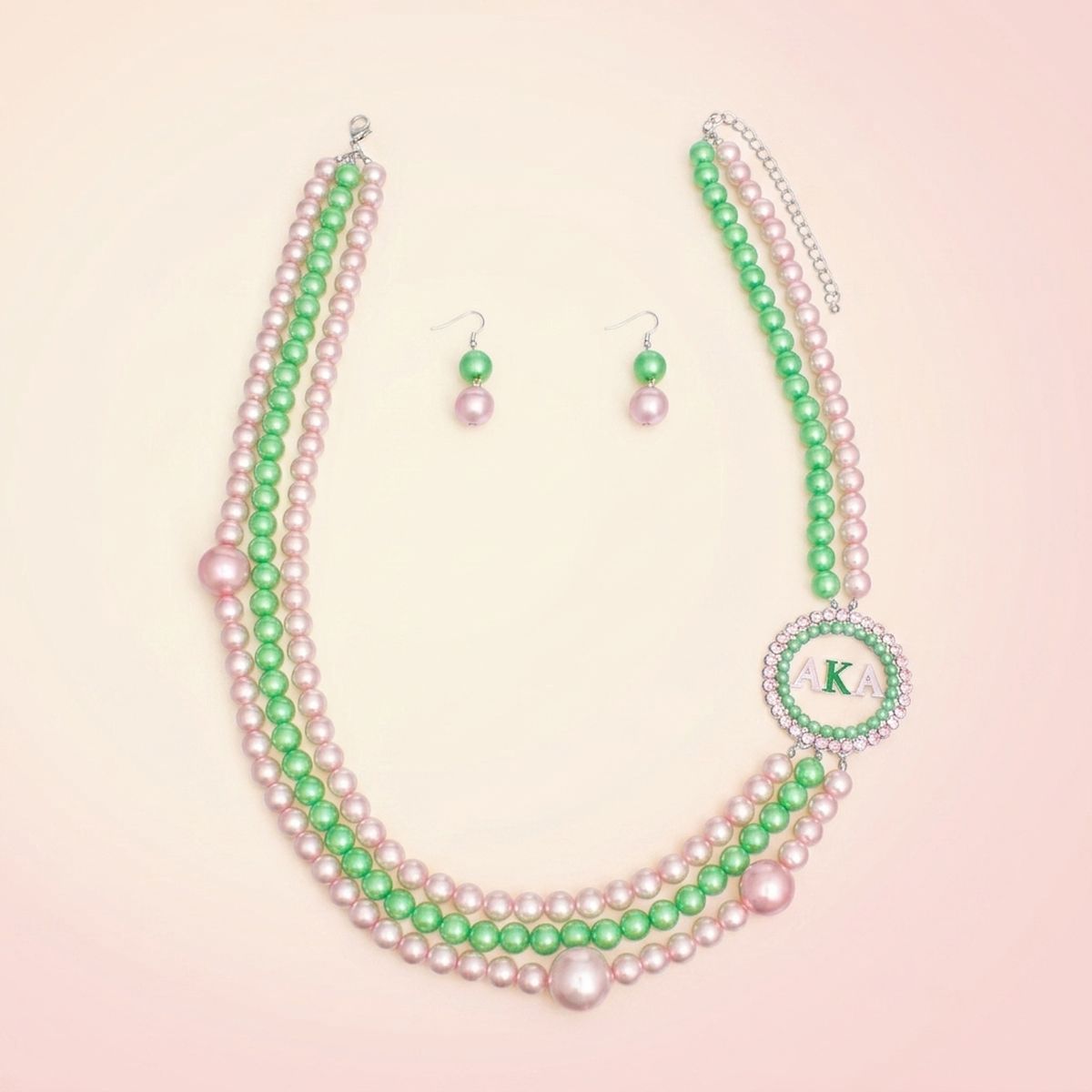 AKA Sorority Pink Green Pearl Long Brooch Necklace