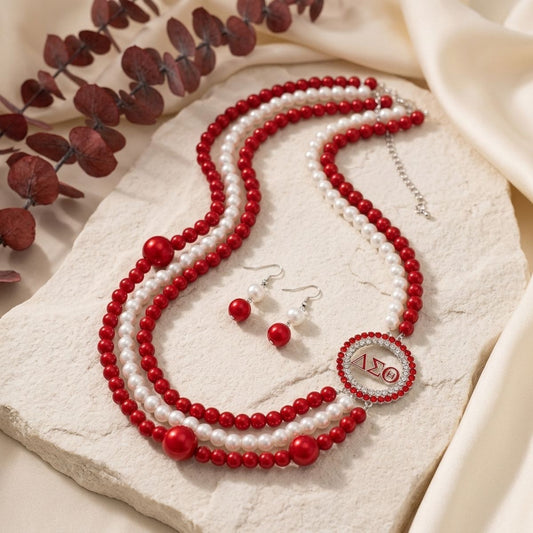 DST Sorority Red White Pearl Long Brooch Necklace