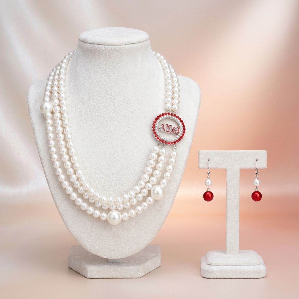 DST Sorority White Pearl Long Brooch Necklace