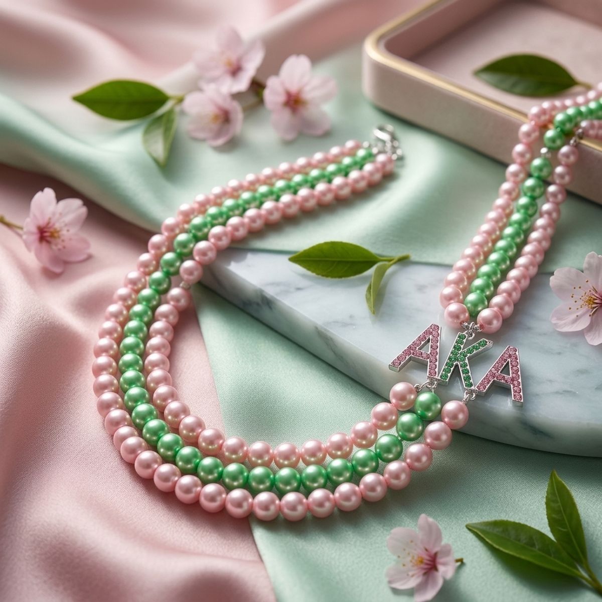 AKA Sorority Pink Green Long 3 Row Brooch Necklace