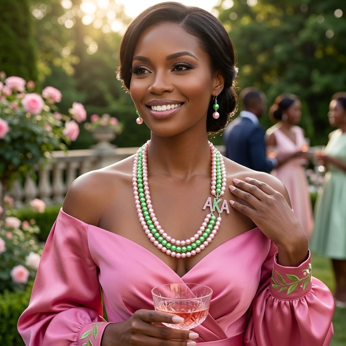 AKA Sorority Pink Green Long 3 Row Brooch Necklace