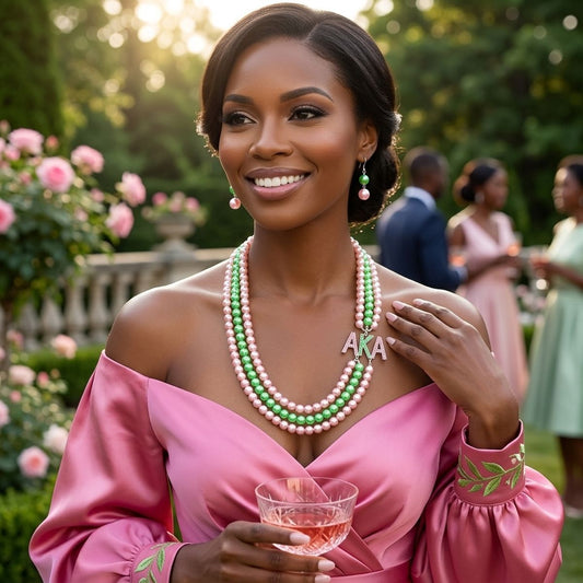 AKA Sorority Pink Green Long 3 Row Brooch Necklace