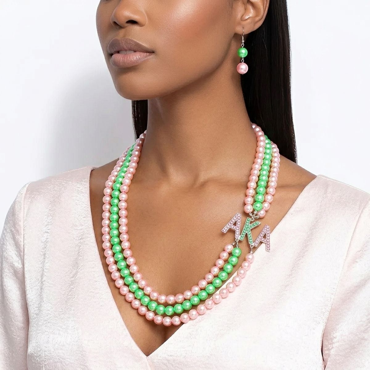 AKA Sorority Pink Green Long 3 Row Brooch Necklace