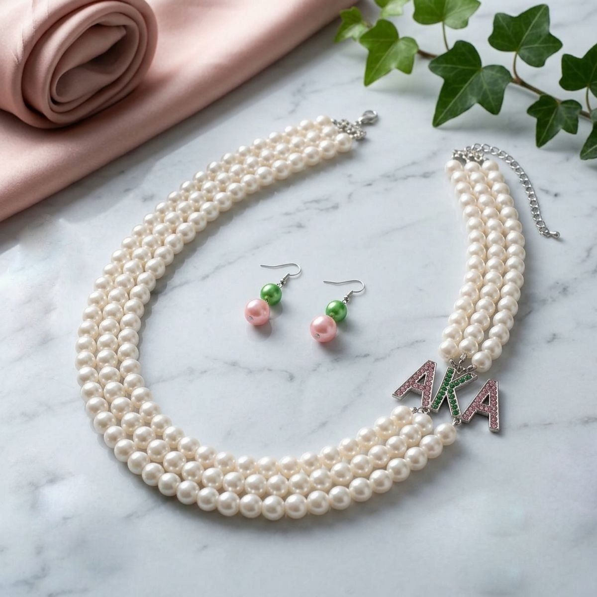 AKA Sorority White Long 3 Row Brooch Necklace