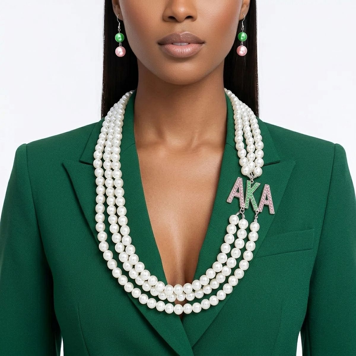 AKA Sorority White Long 3 Row Brooch Necklace