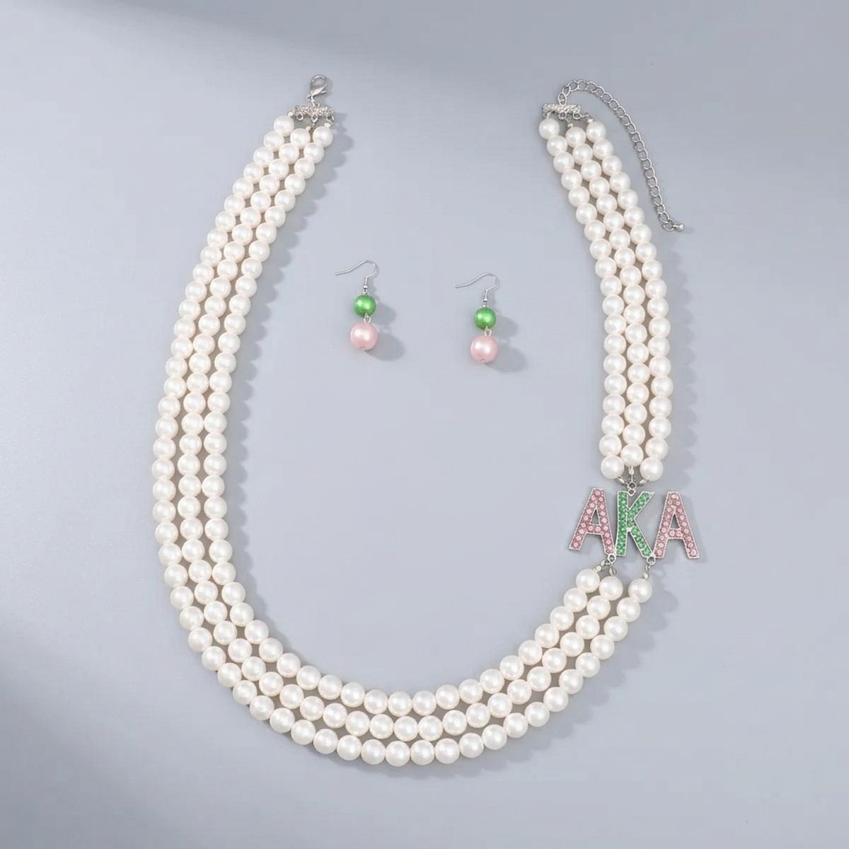 AKA Sorority White Long 3 Row Brooch Necklace