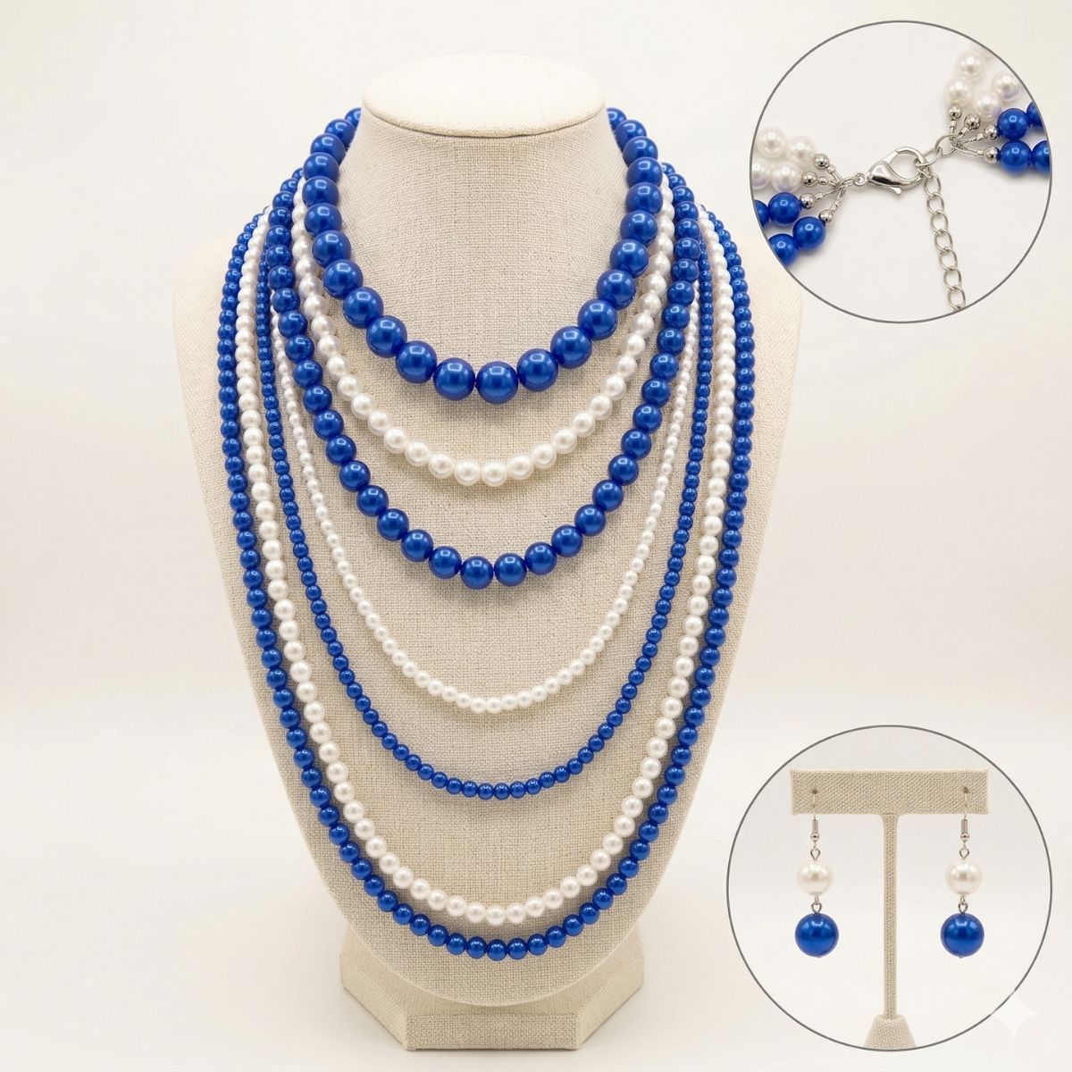 ZPB Sorority Blue White Pearl Long 7 Row Necklace