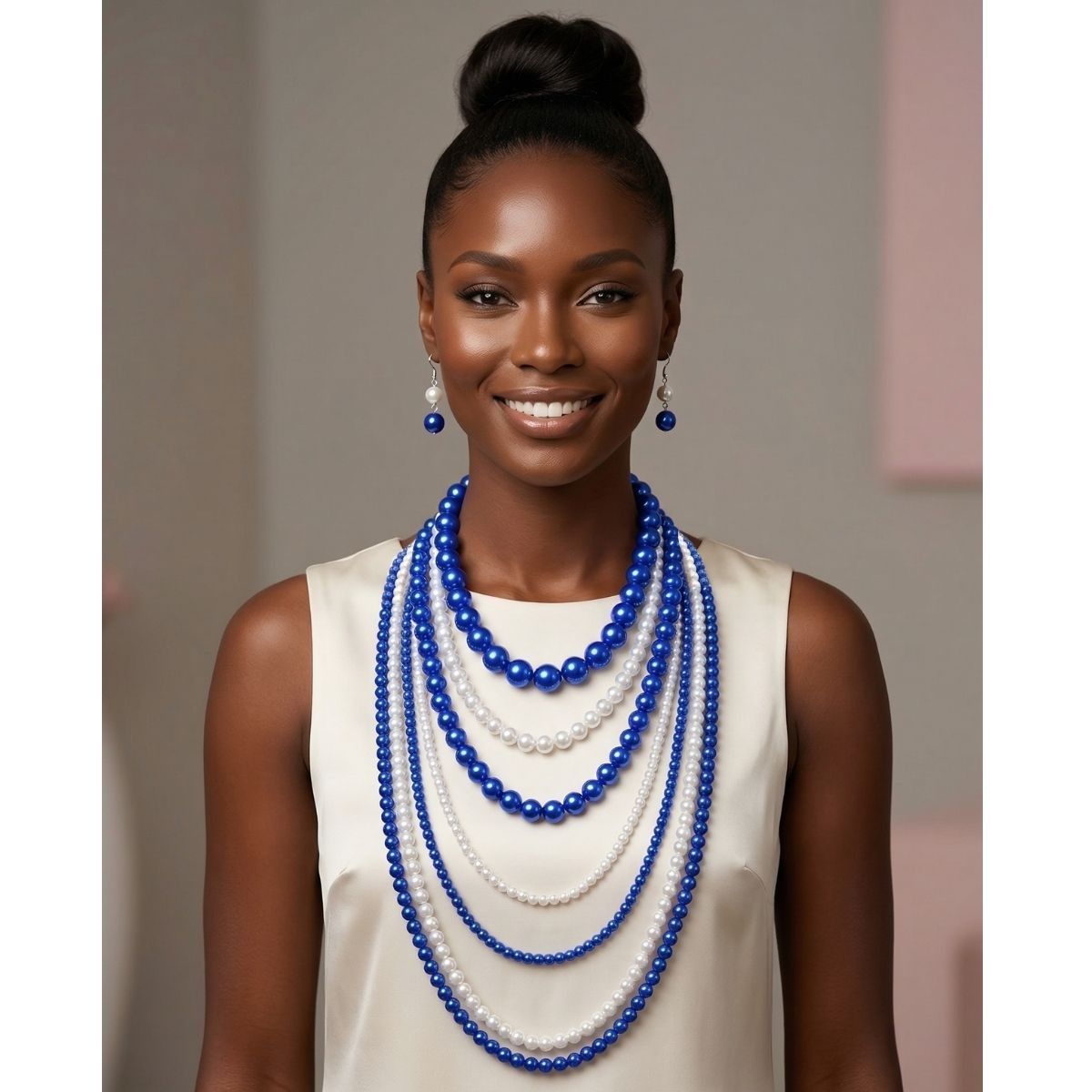 ZPB Sorority Blue White Pearl Long 7 Row Necklace