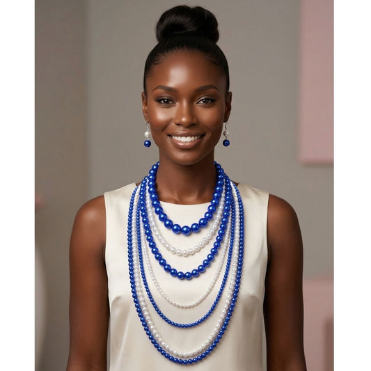 ZPB Sorority Blue White Pearl Long 7 Row Necklace