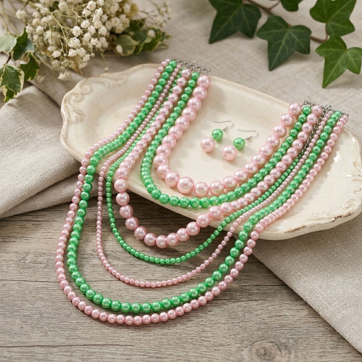 AKA Sorority Pink Green Pearl Long 7 Row Necklace