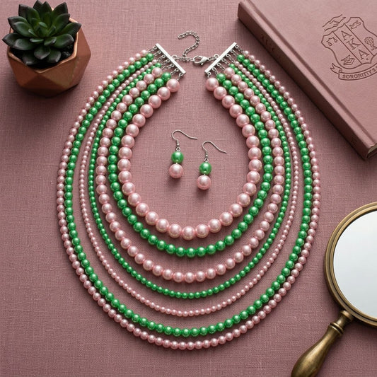AKA Sorority Pink Green Pearl Long 7 Row Necklace