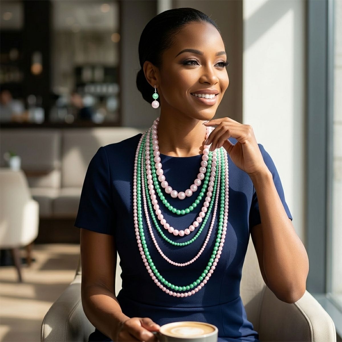 AKA Sorority Pink Green Pearl Long 7 Row Necklace