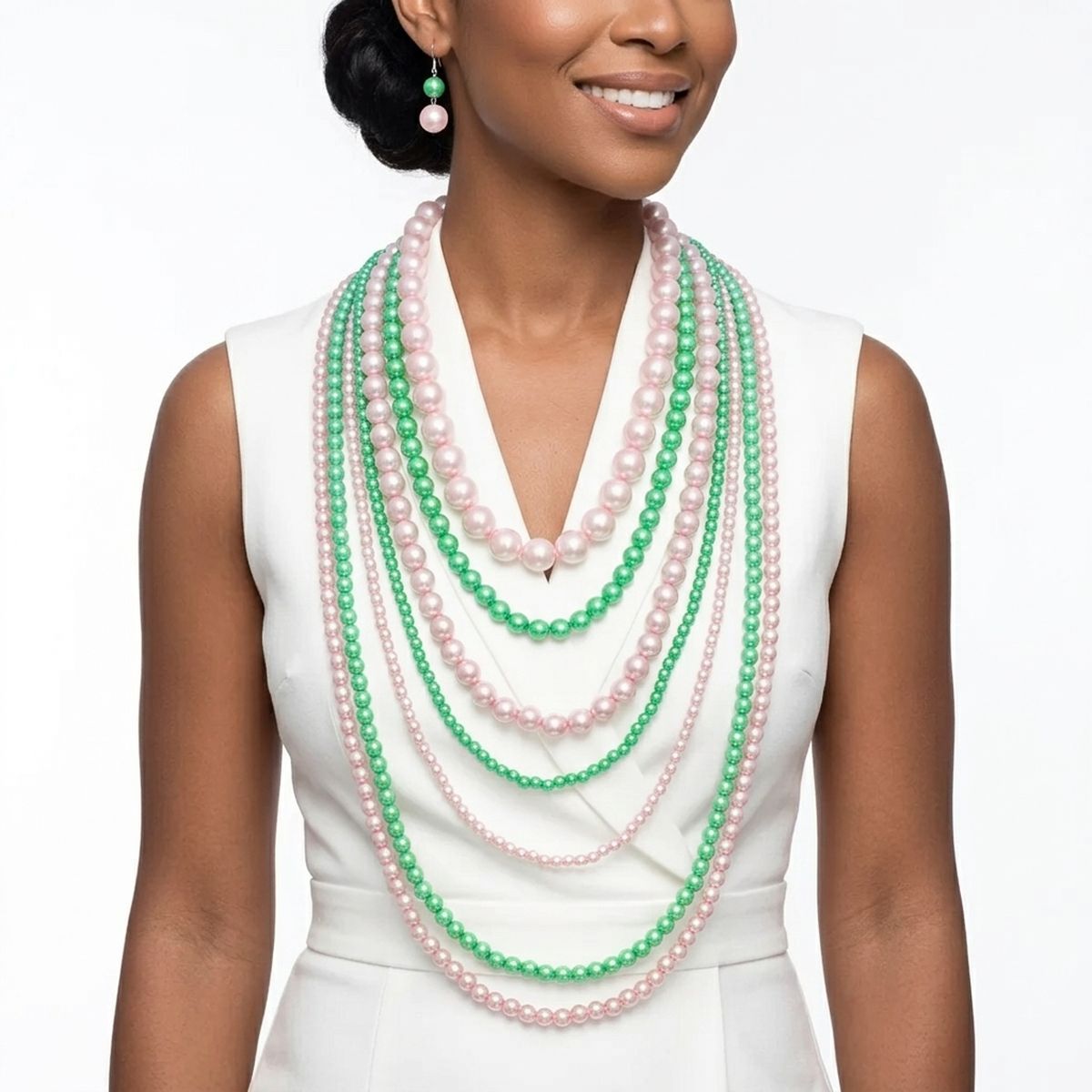 AKA Sorority Pink Green Pearl Long 7 Row Necklace
