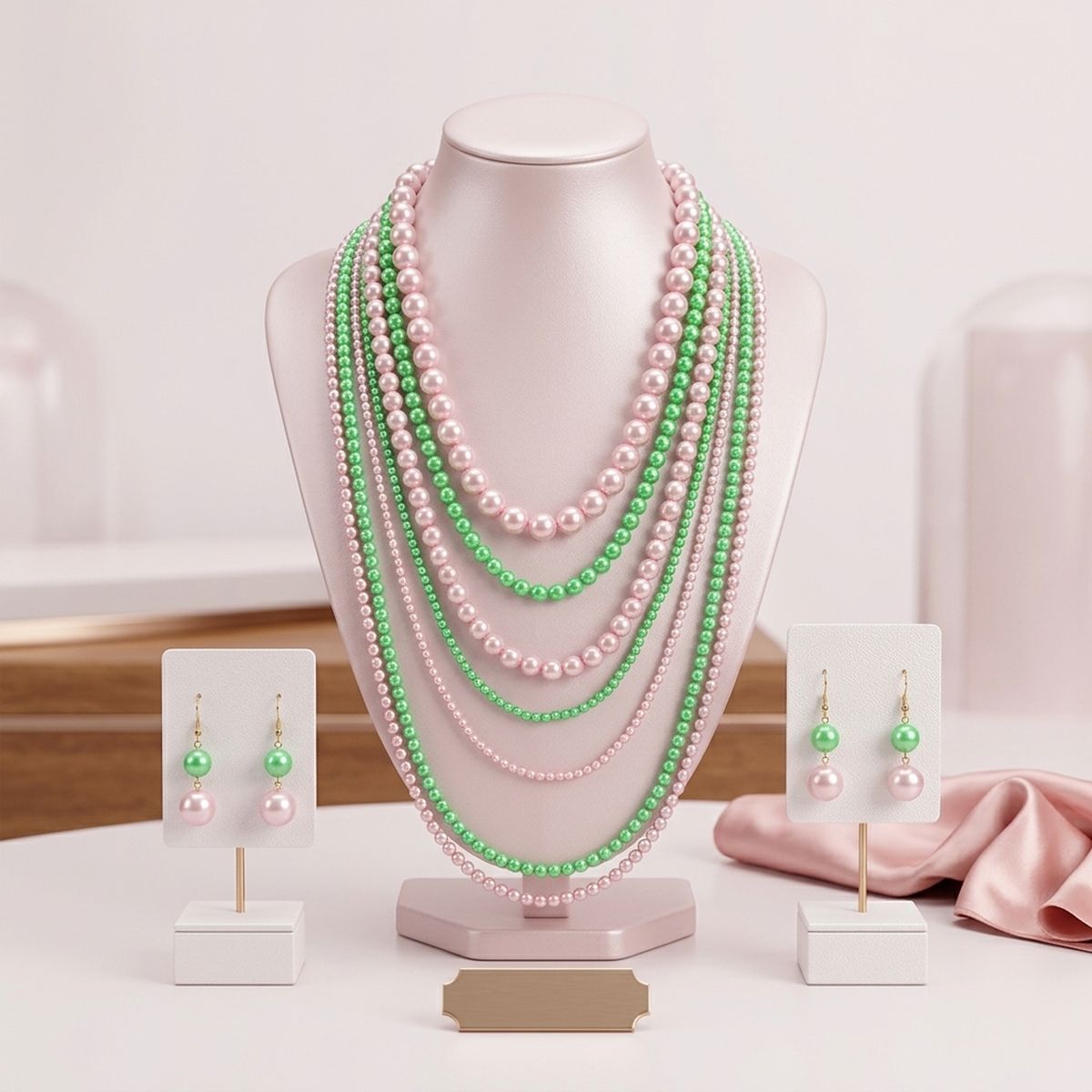AKA Sorority Pink Green Pearl Long 7 Row Necklace