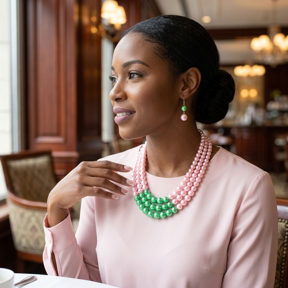 AKA Pearls Pink with Green Center 3 Strand Set