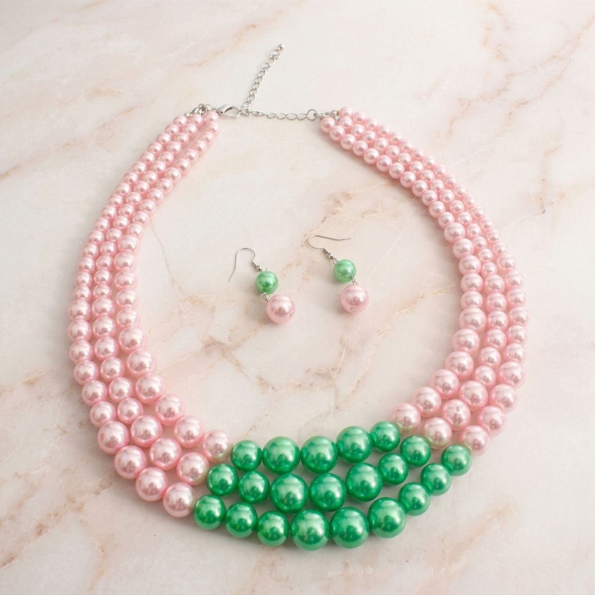 AKA Pearls Pink with Green Center 3 Strand Set