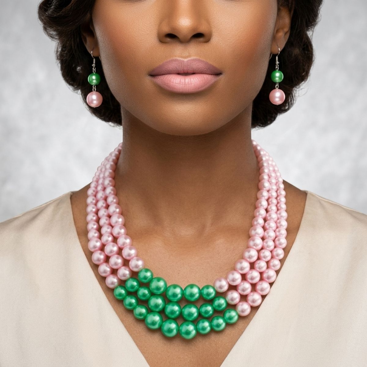 AKA Pearls Pink with Green Center 3 Strand Set