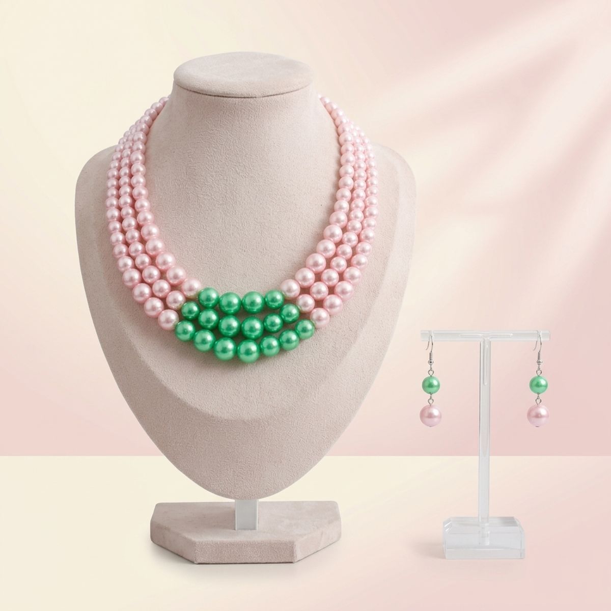 AKA Pearls Pink with Green Center 3 Strand Set