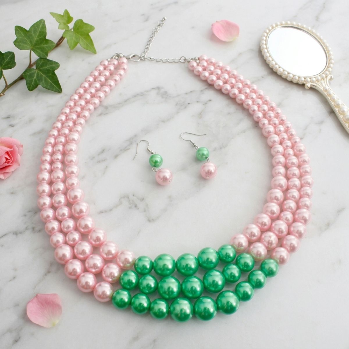 AKA Pearls Pink with Green Center 3 Strand Set