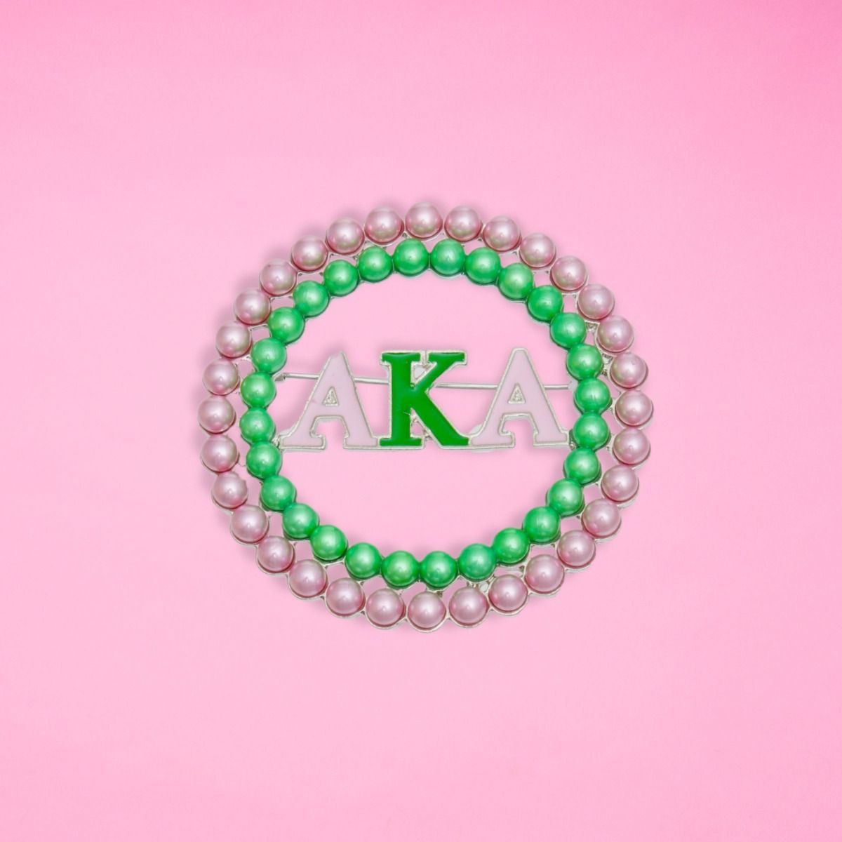 AKA Sorority Brooch Pink Green Pearl Round Pin