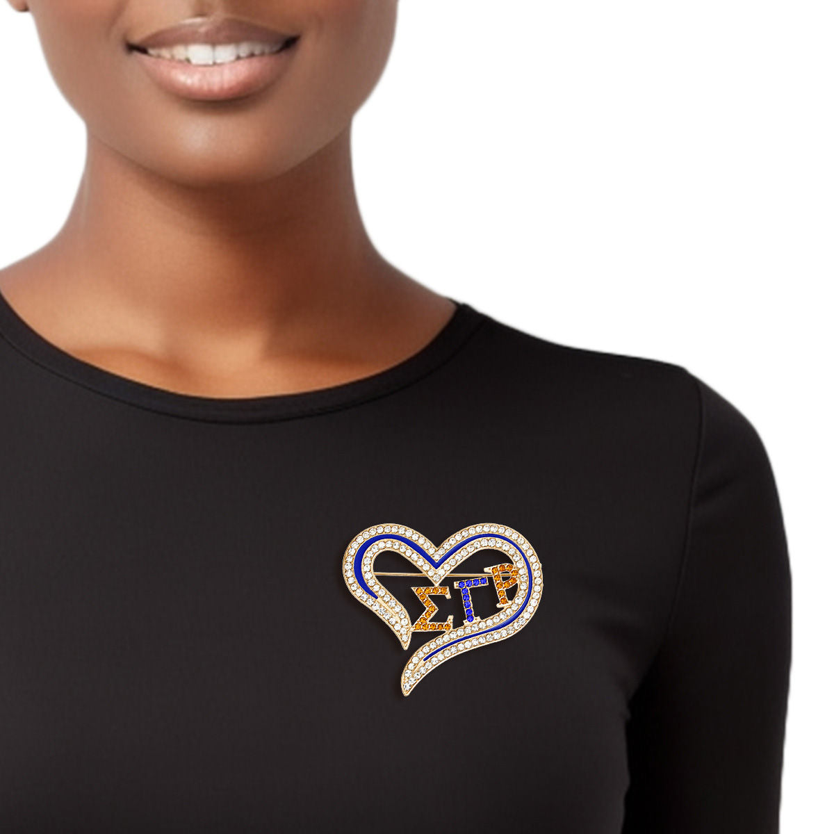 SGRHO Sorority Heart Blue Gold Bling Brooch Women - Premium Sigma Gamma Rho Paraphernalia from Pinktown - Just $12! Shop now at chiquestyles