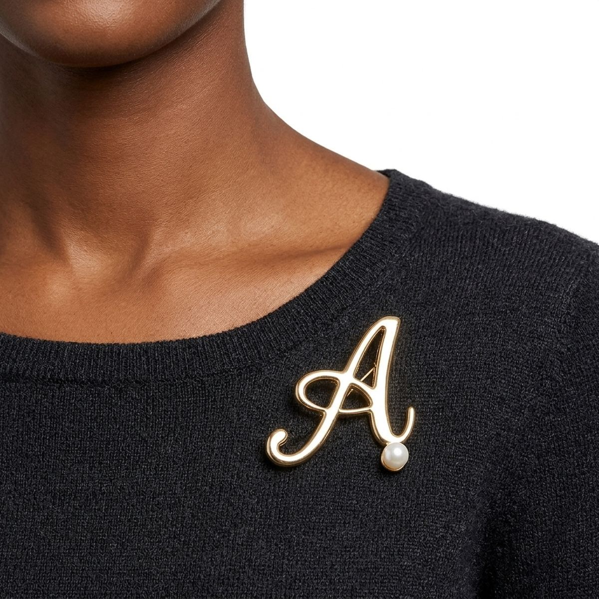 Gold Cursive A Initial Letter Pearl Brooch Pin